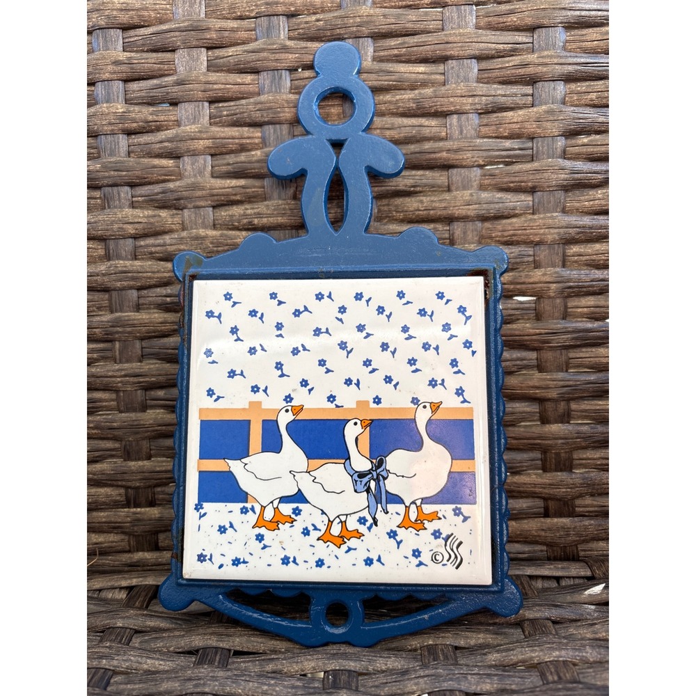 Vintage Cast Iron Trivet Blue Ceramic Tile Country Geese Wall Hanging Farmhouse